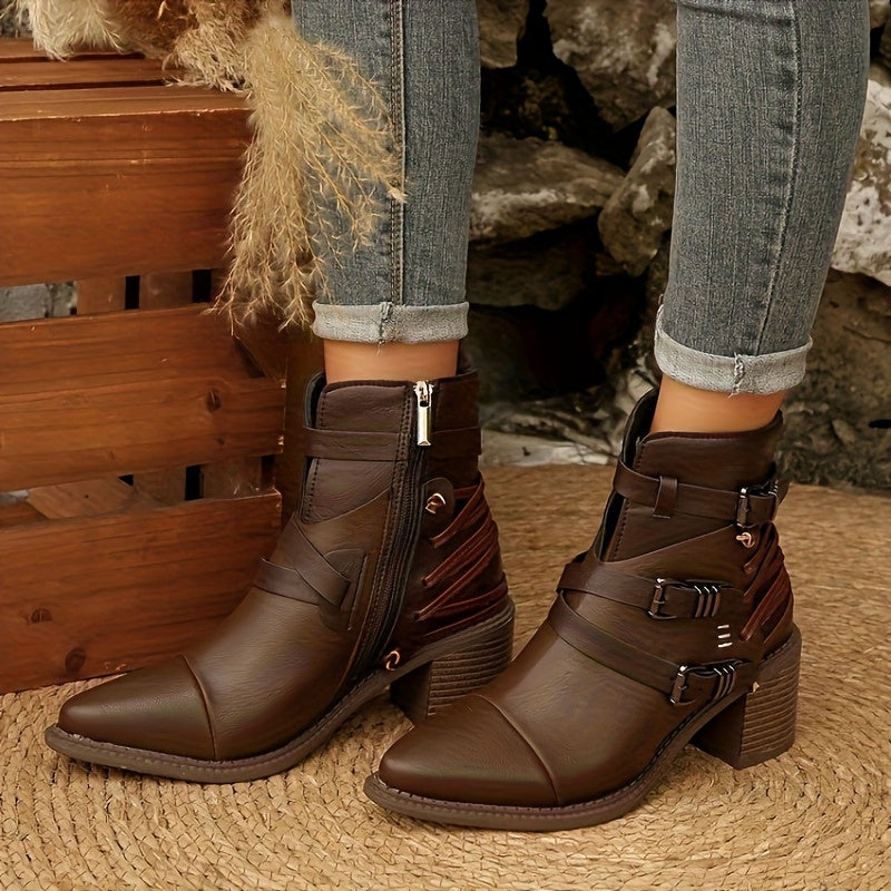 Bottes western à mollet large, bout rond, talon bloc, boucles et zip, brun