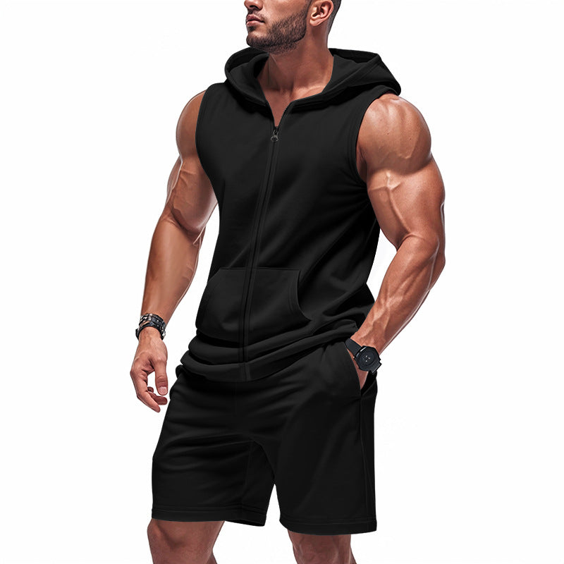 Ensemble débardeur à capuche zippé noir et short assorti, homme