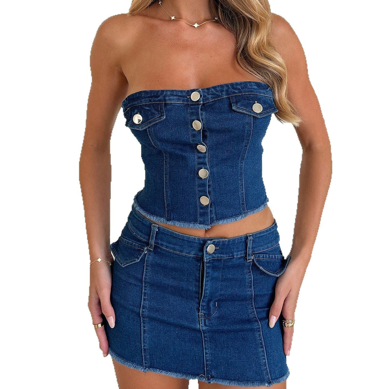 Ensemble denim bleu foncé: haut bustier boutonné et jupe mini taille haute délavage contrasté.