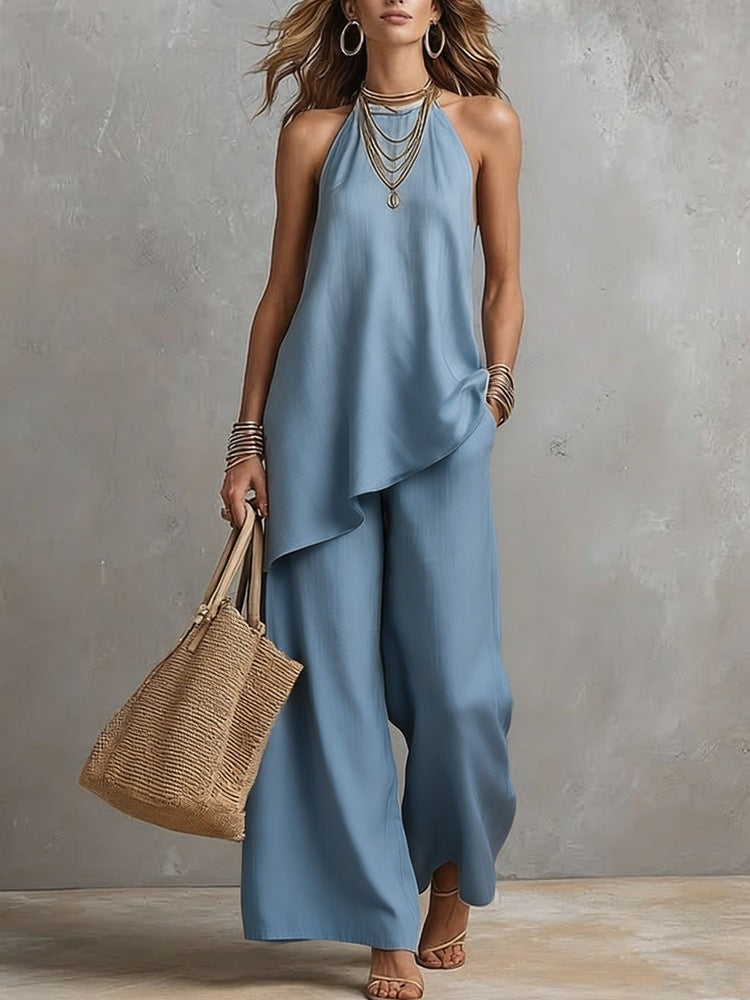 Ensemble femme : gilet sans manches et pantalon long ample, bleu ciel