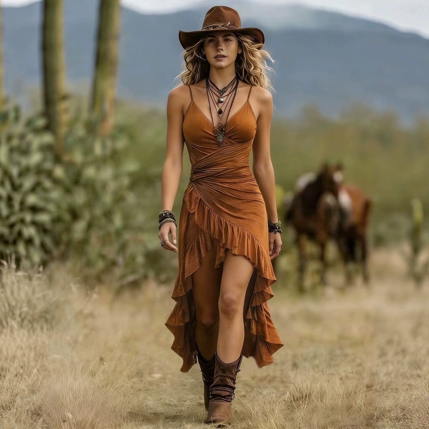 Robe midi camel asymétrique à volants, bretelles fines, drapé sur le buste