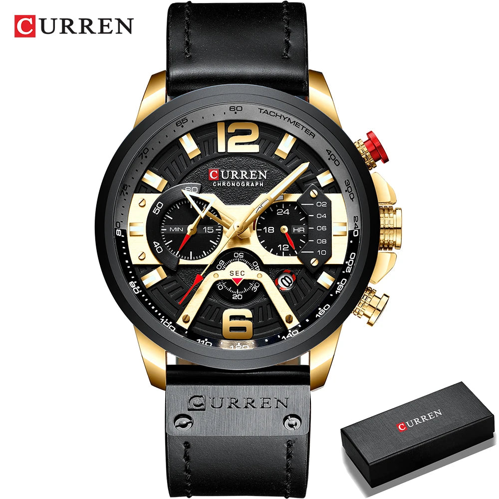 Montre chronographe bracelet cuir noir, boîtier noir avec finitions dorées, cadran noir
