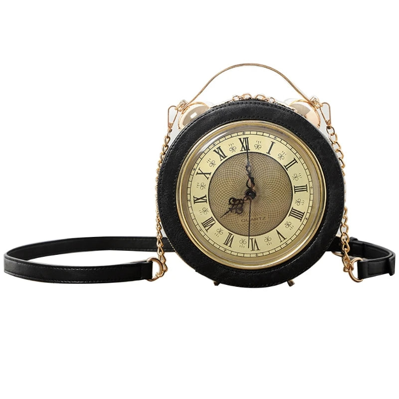 Sac à main rond noir steampunk avec cadran d’horloge central et bandoulière chaîne dorée
