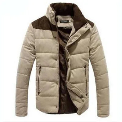 Parka matelassée homme beige clair, col montant fourré, fermeture zippée