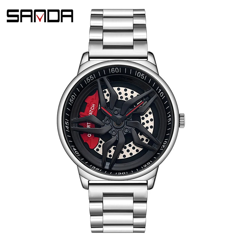 Montre homme à bracelet acier argenté et cadran rotatif roue, boîtier argent
