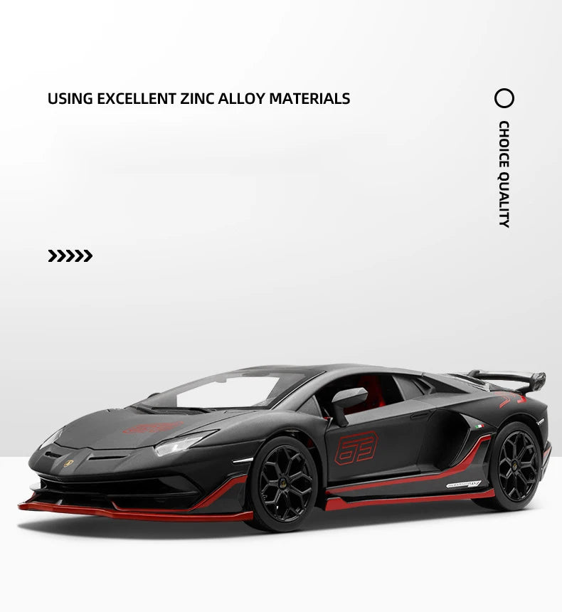 Voiture miniature supercar en métal, carrosserie noire avec liserés rouges et jantes noires