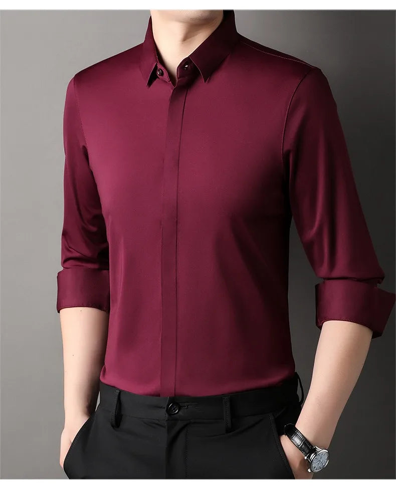 chemise hommes décontracté en soie polyester slim