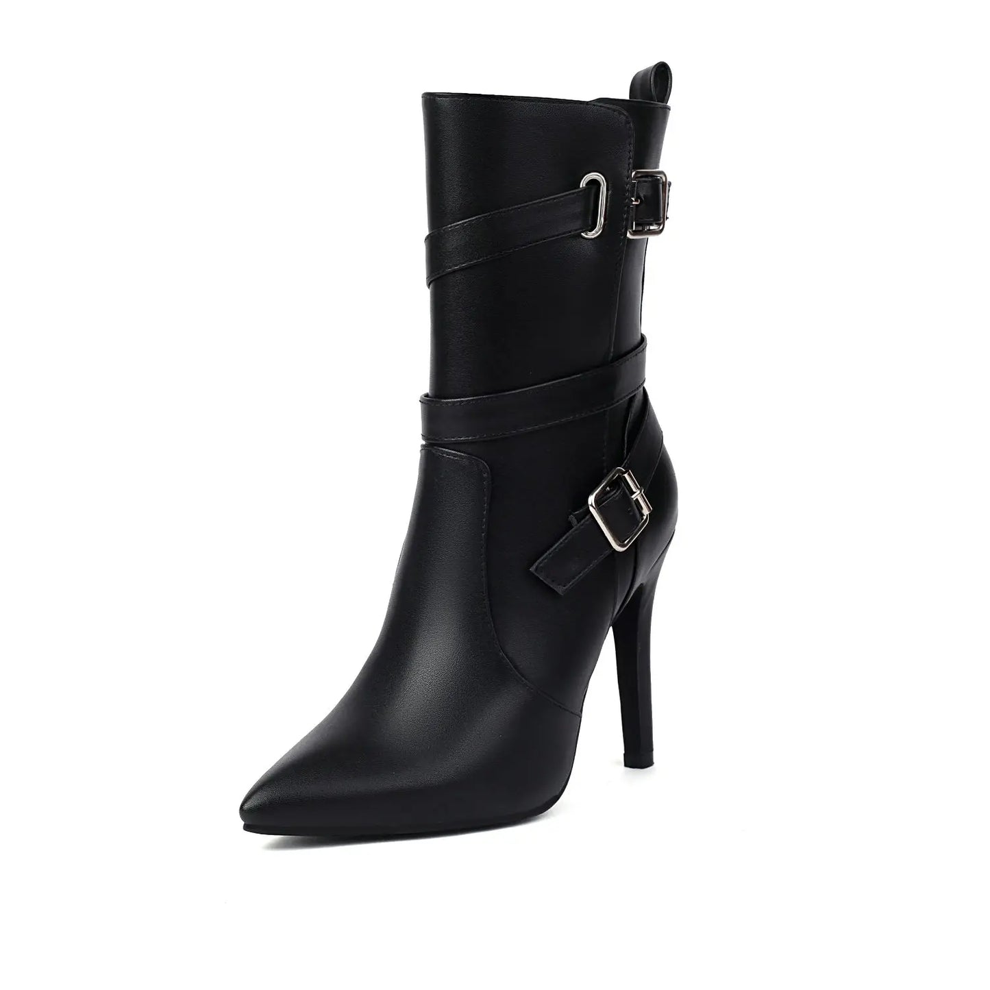 Bottes femme noires à talon fin, bout pointu, tige haute et boucles sur brides
