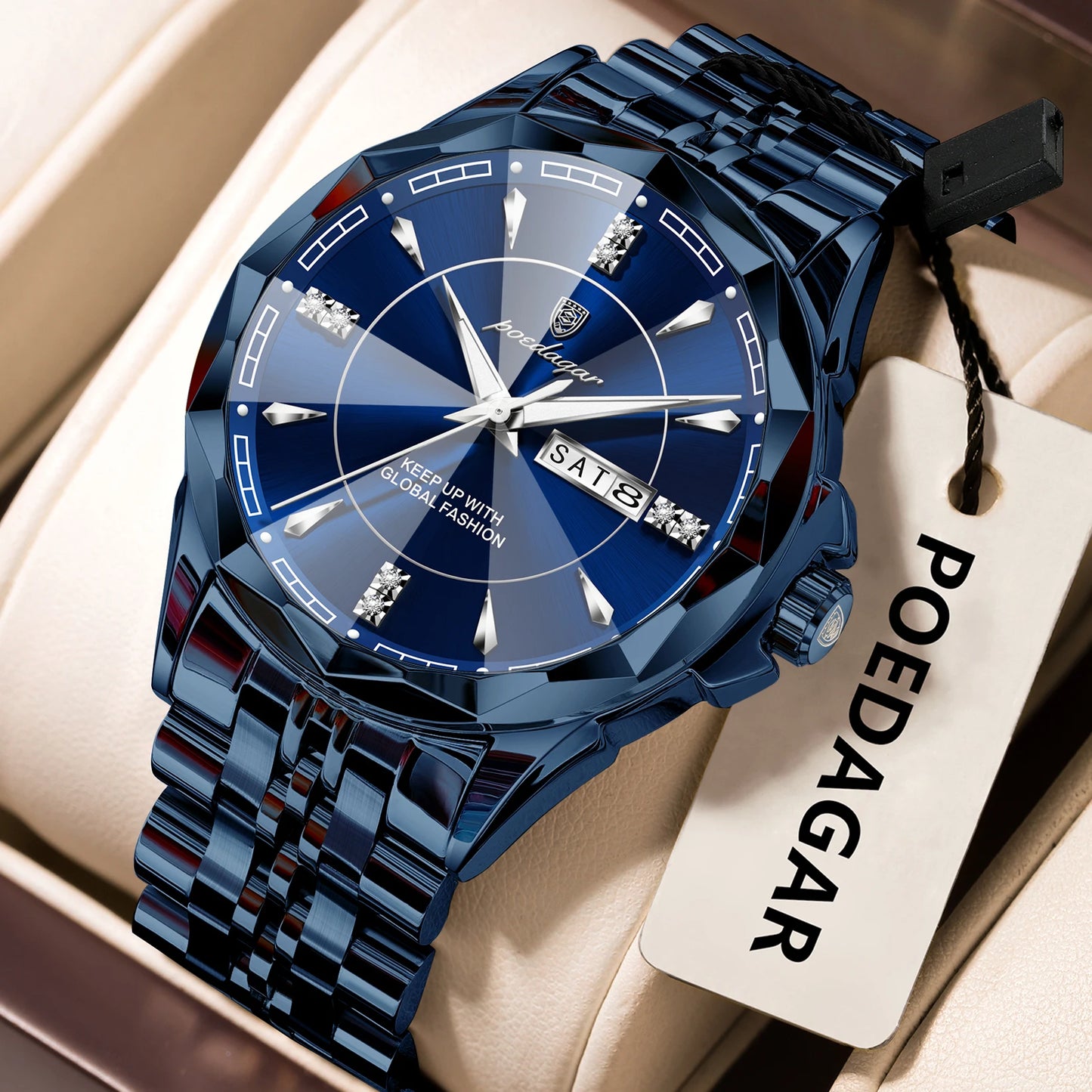 Montre homme acier inox, cadran bleu foncé, bracelet à maillons métalliques, guichet date
