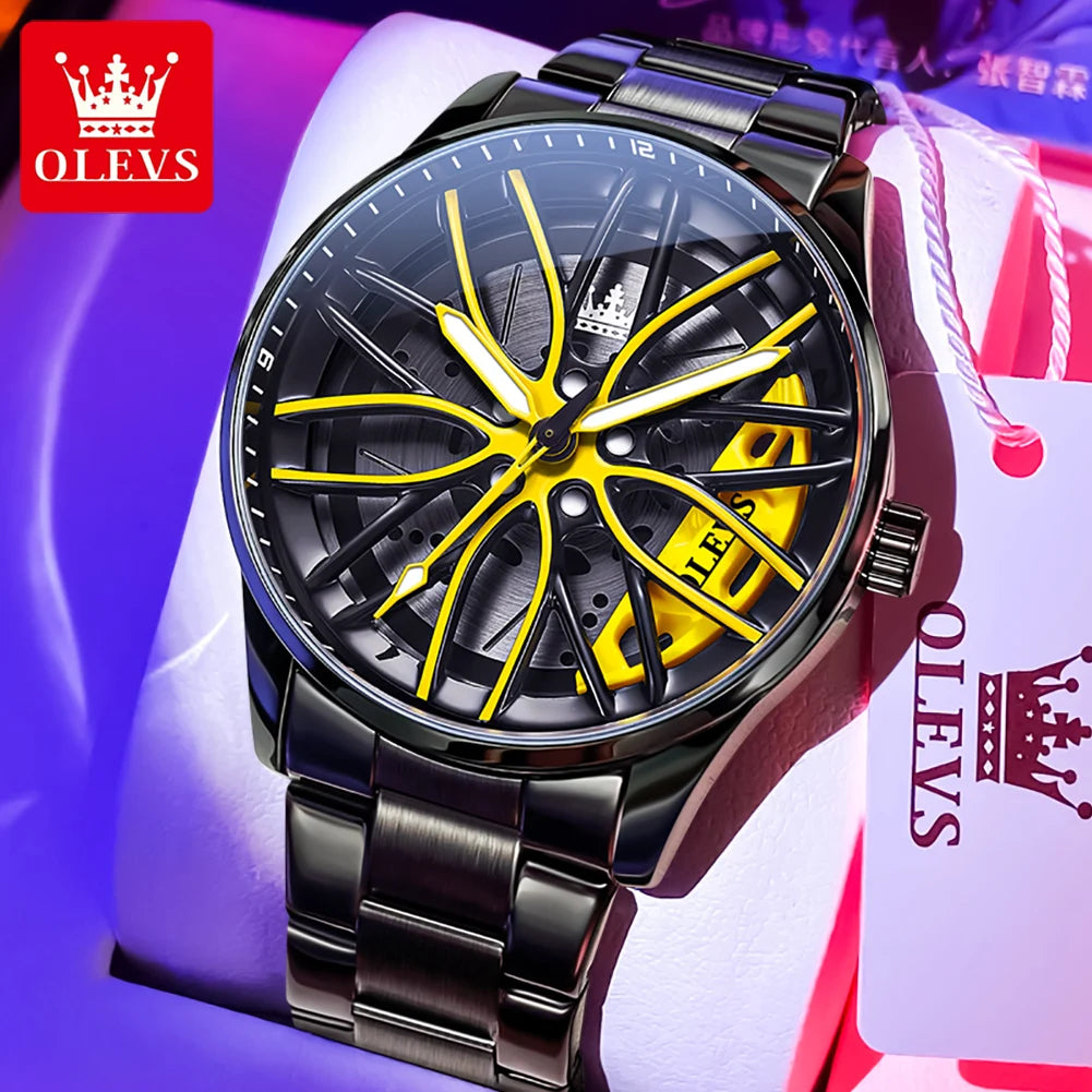 Montre homme OLEVS, cadran noir et accents jaunes, bracelet acier, style sport automobile.