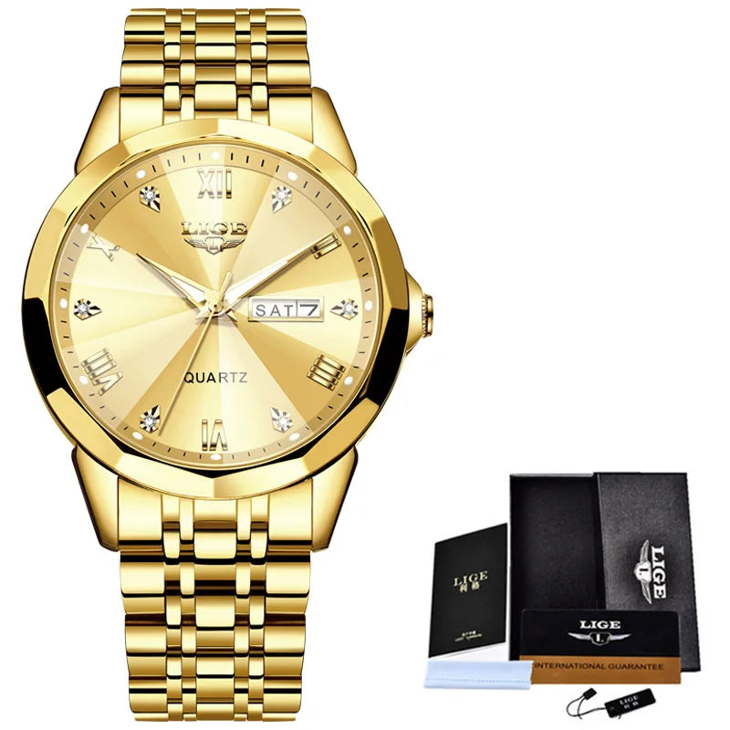 Montre LIGE femme bracelet doré, cadran champagne clair avec index romains