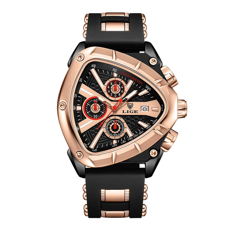 Montre sport homme LIGE à cadran noir, boîtier rose doré, bracelet silicone noir