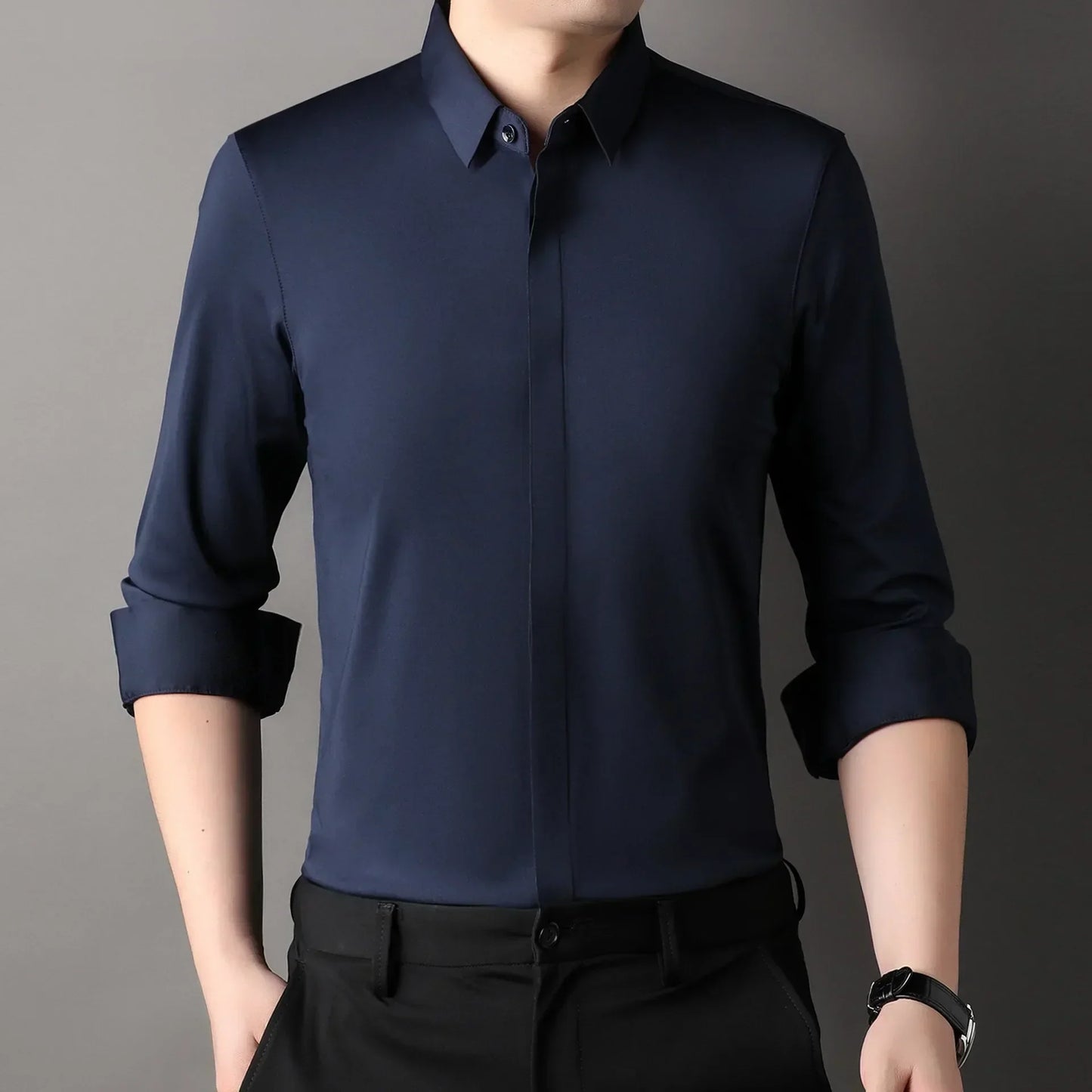 chemise hommes décontracté en soie polyester slim
