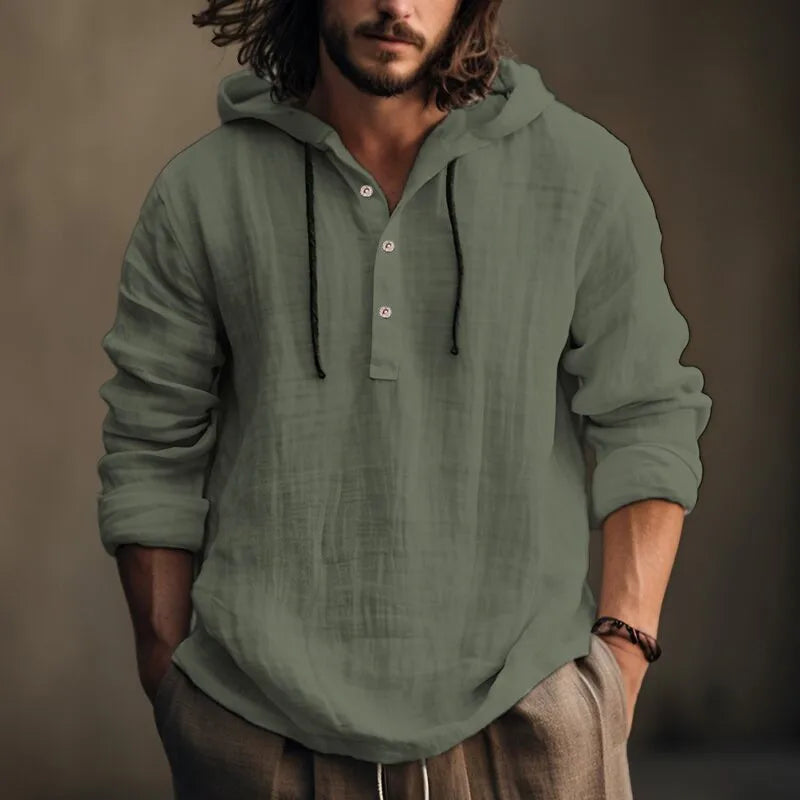 Chemise homme en lin à capuche vert olive, manches longues, patte boutonnée