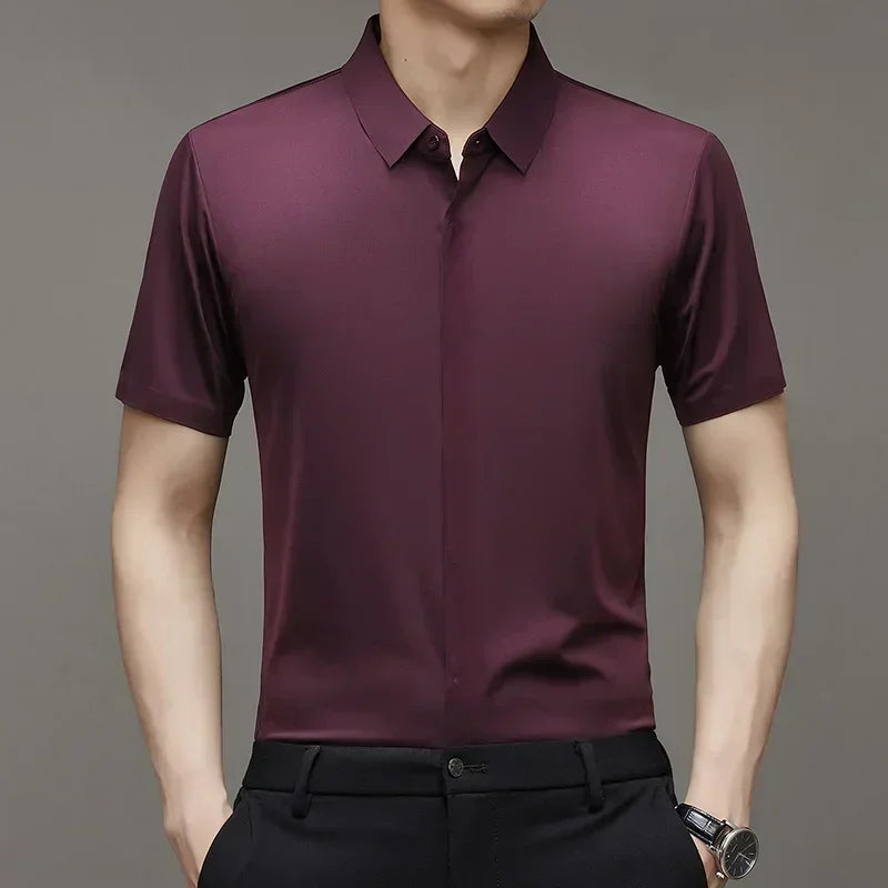 chemise hommes décontracté en soie polyester slim