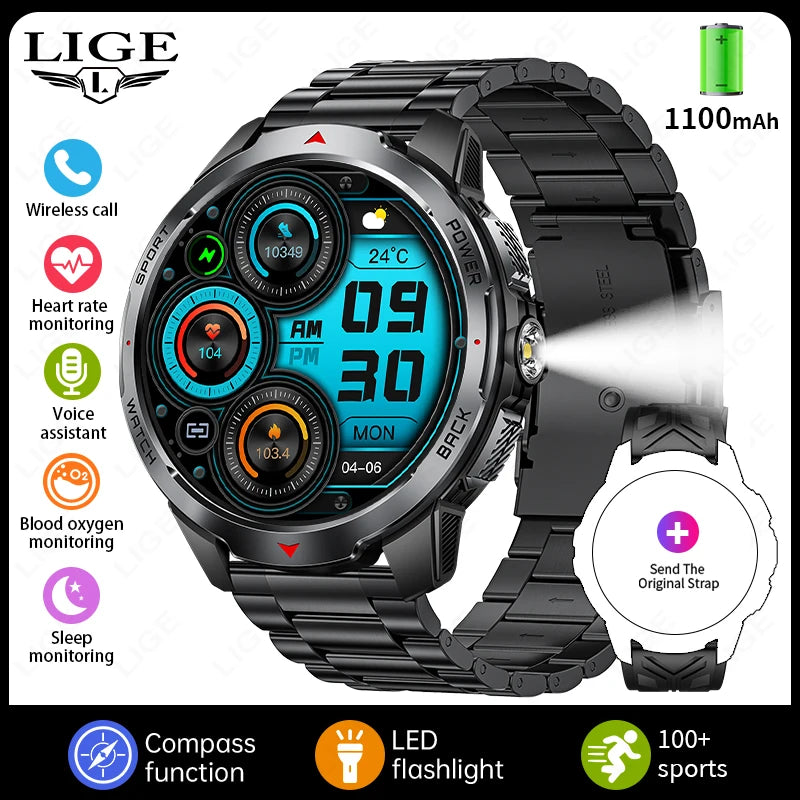 Montre intelligente homme, bracelet acier noir et cadran noir à affichage bleu
