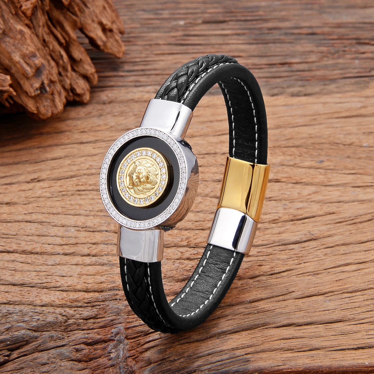 Bracelet en cuir motif Lion de luxe, pierre d'agate naturelle