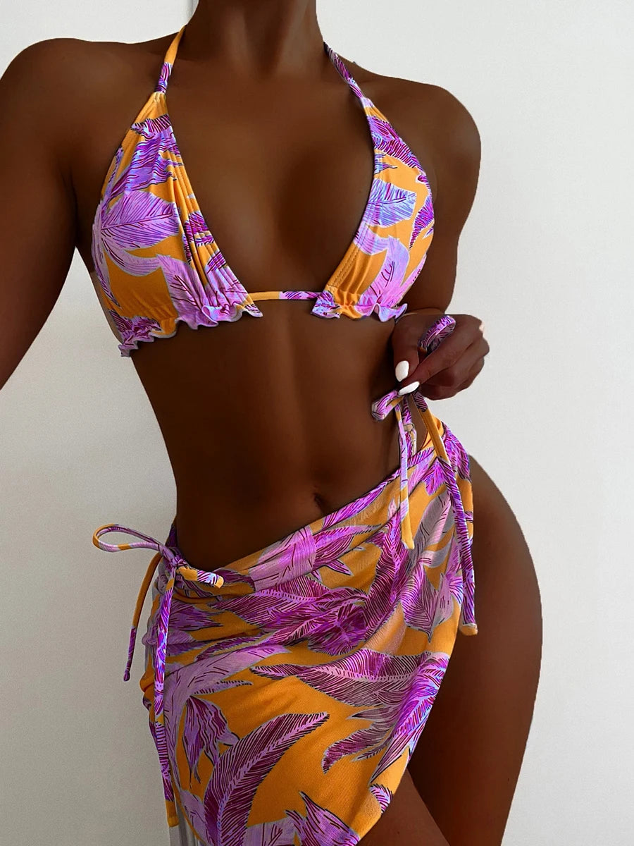 Bikini 3 pièces femme à col licou, volants, imprimé, coussinets intégrés, violet et orange