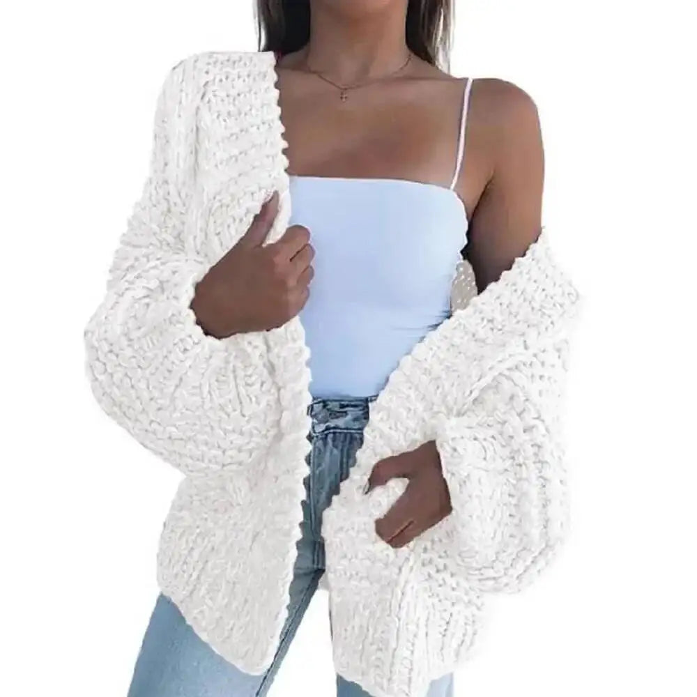 Cardigan peluche femme blanc, manches chauve-souris ample, tricot texturé