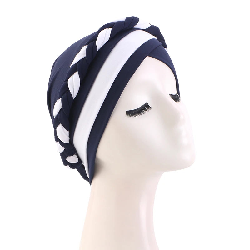 Foulard turban tressé bleu marine et blanc, rayures contrastées et tresse torsadée