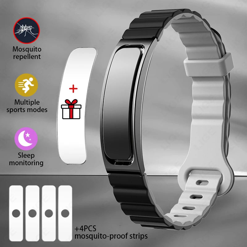 Bracelet anti-moustique LIGE ultrasonique, bracelet blanc et gris clair avec module rectangulaire.