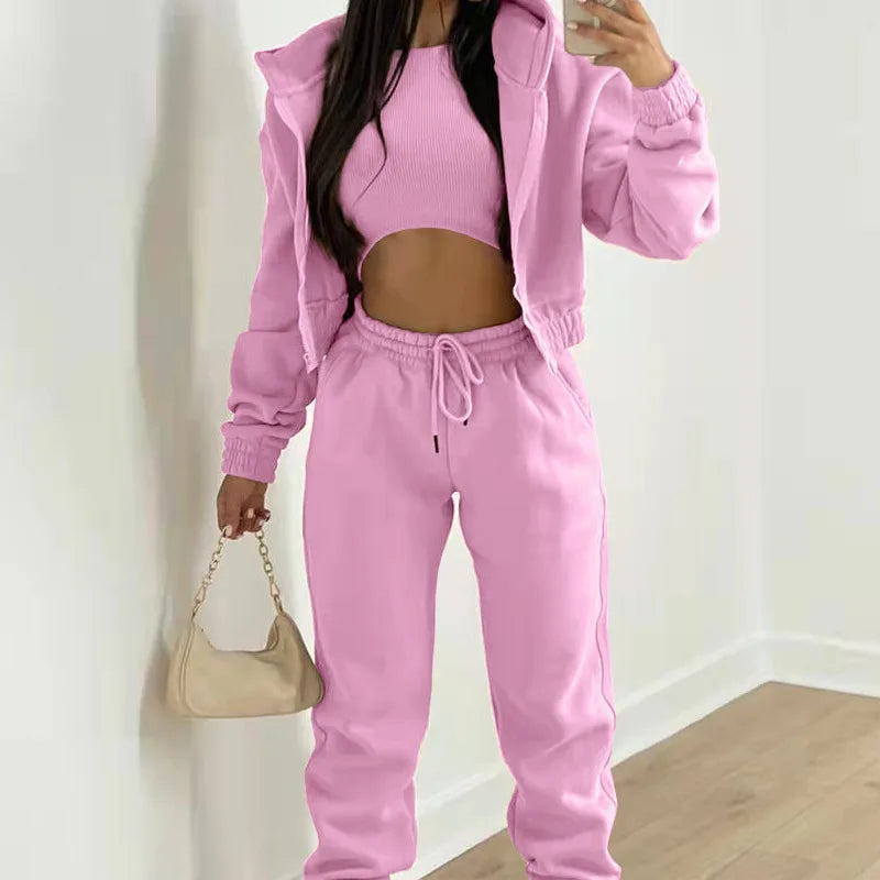 Ensemble 3 Pieces Femme - Sweat Capuche Zippee Debardeur Pantalon Jogging