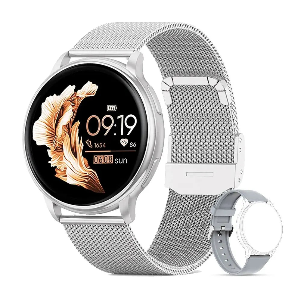 Montre connectée argent sur bracelet maille, cadran noir et bracelet blanc amovible