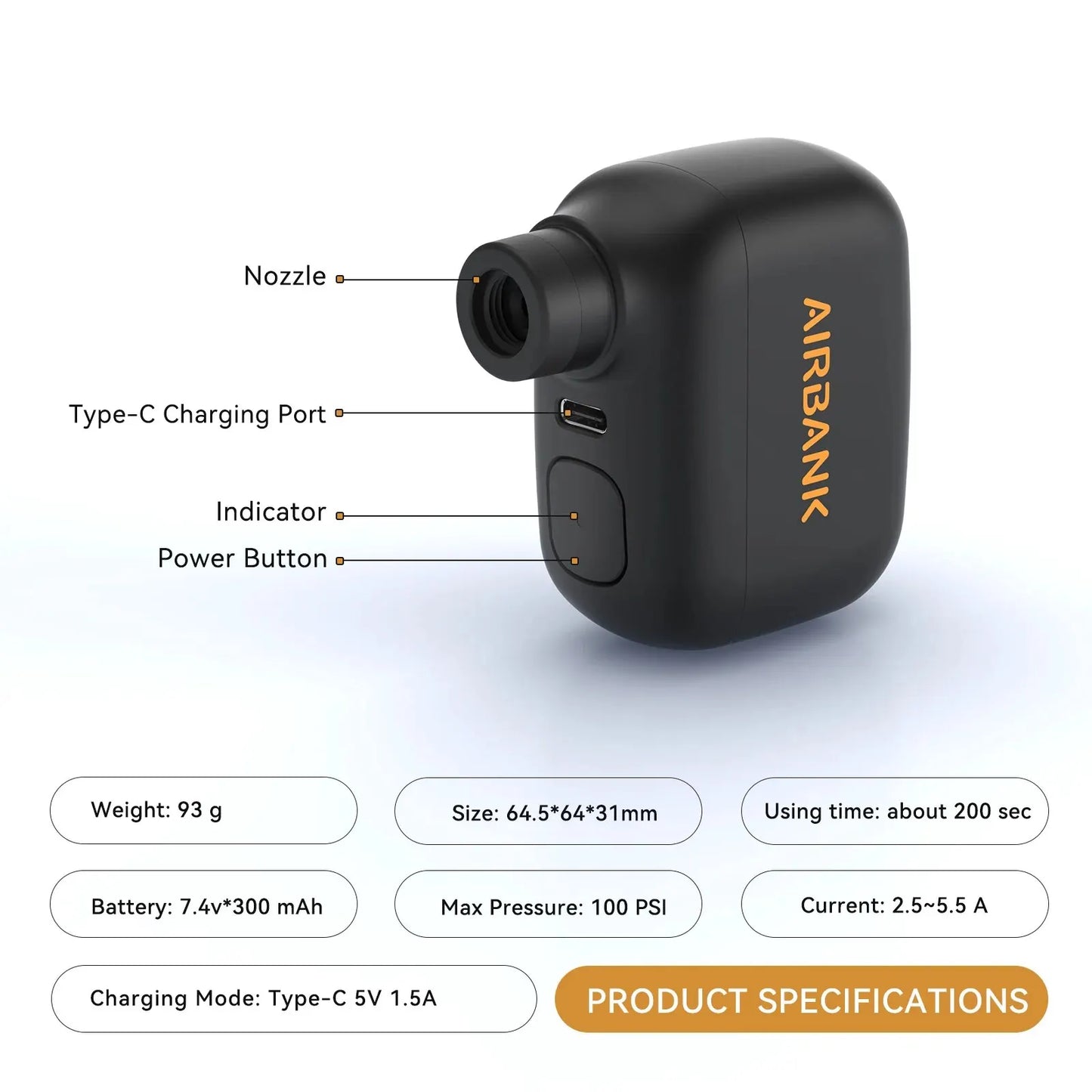 Mini pompe à vélo portable aste, 100PSI, 5V, Type-C,