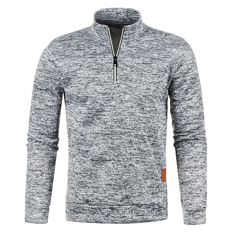 Pull homme manches longues semi-zippé en tricot chiné gris clair, col montant et zip central.