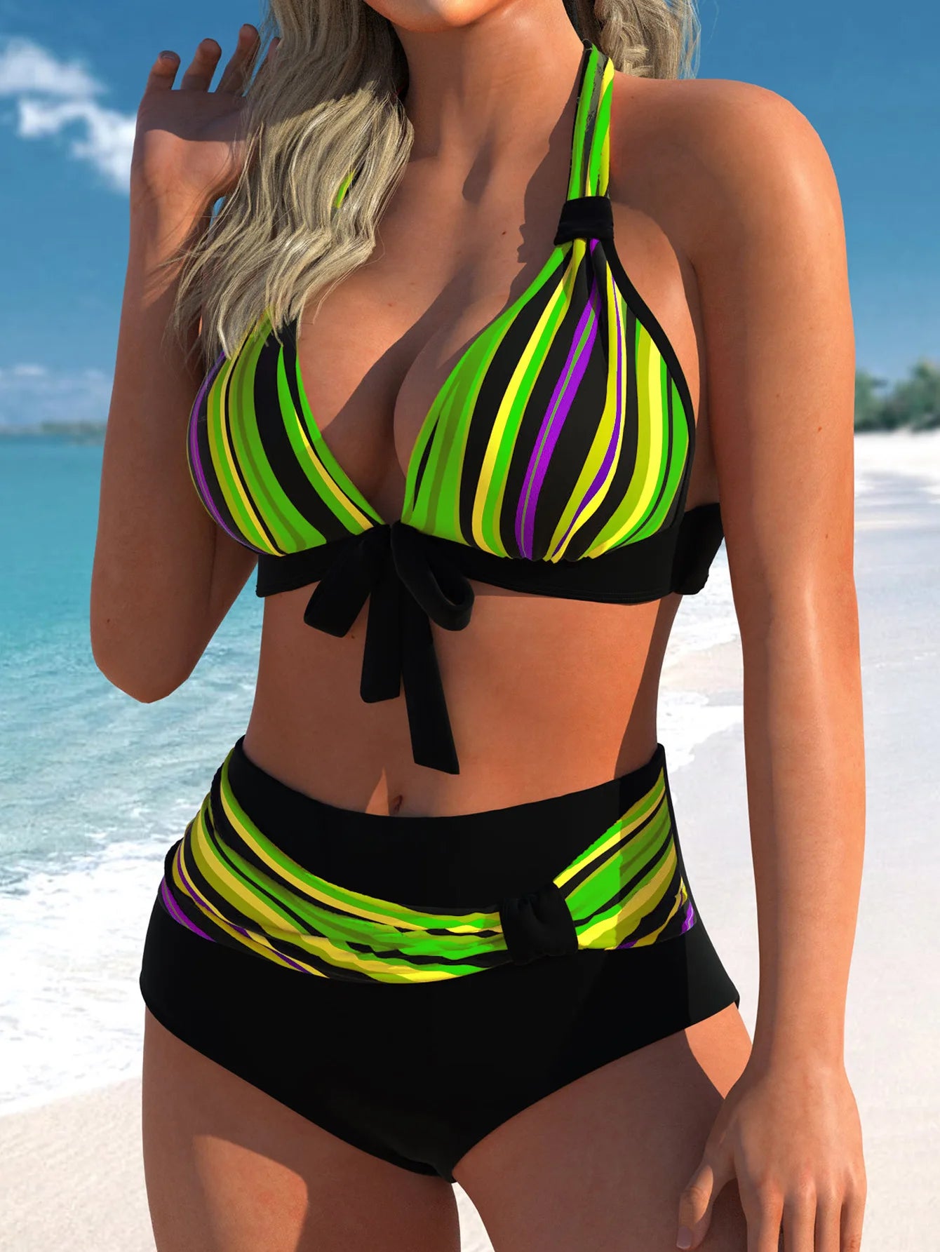 Ensemble bikini rayé patchwork, licou dos nu, nœud noir, rayures vert fluo et violet