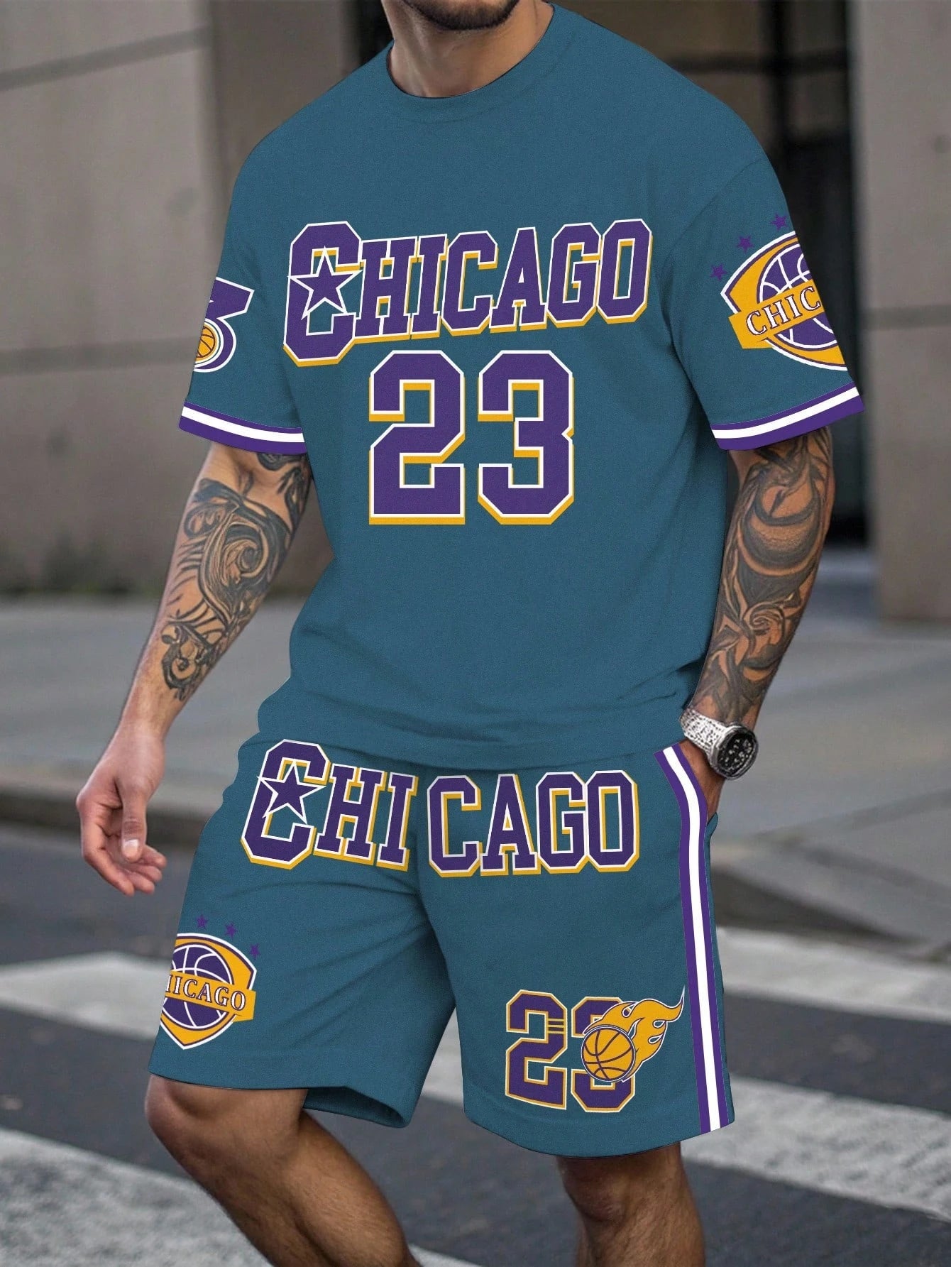 Ensemble t-shirt et short sport homme Chicago bleu canard, imprimé 23 et rayures