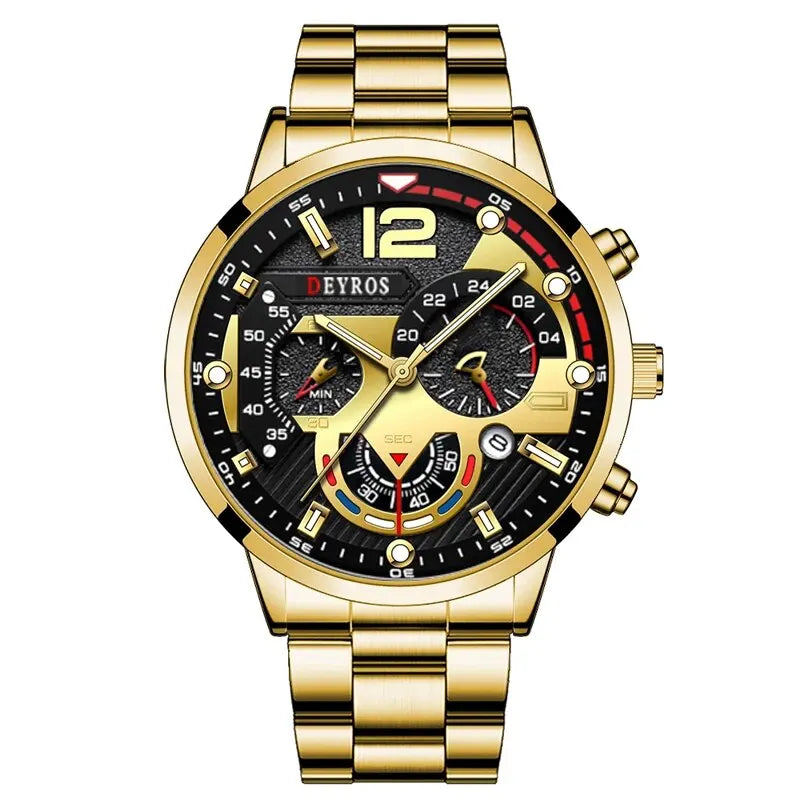 Montre homme à bracelet et boîtier dorés, cadran noir, index lumineux