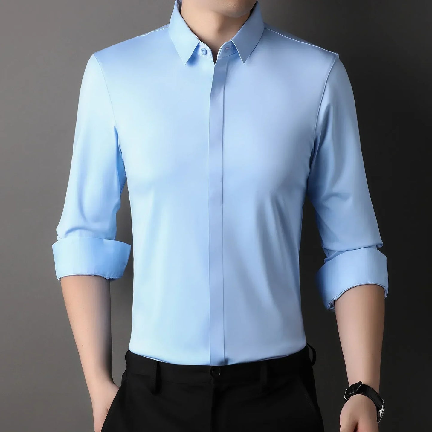 chemise hommes décontracté en soie polyester slim