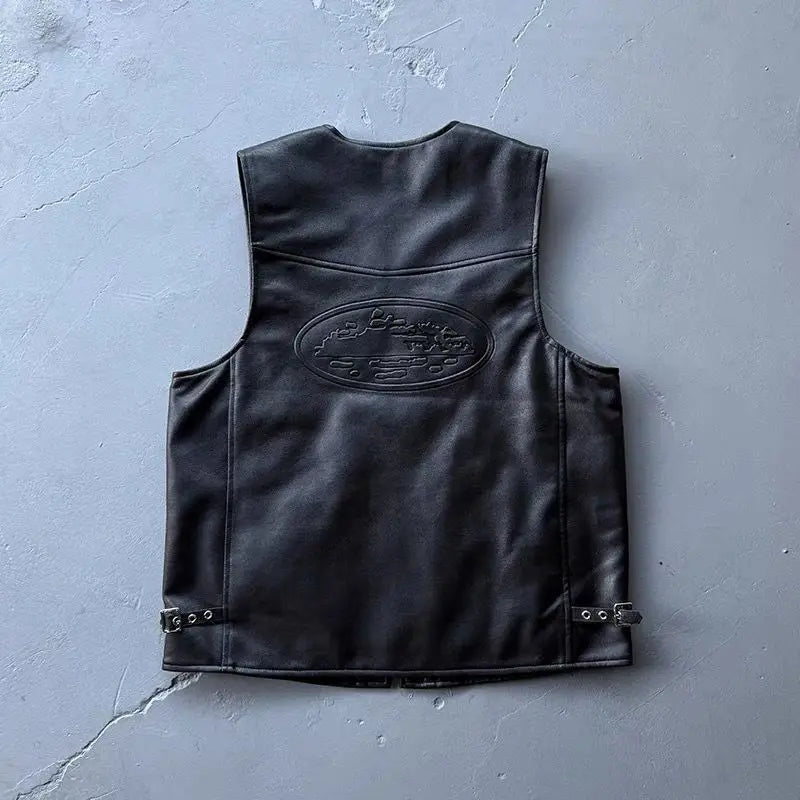 Gilet Moto Homme Cuir PU - Broderie Relief Devil Island | MONASTORESHOP.COM