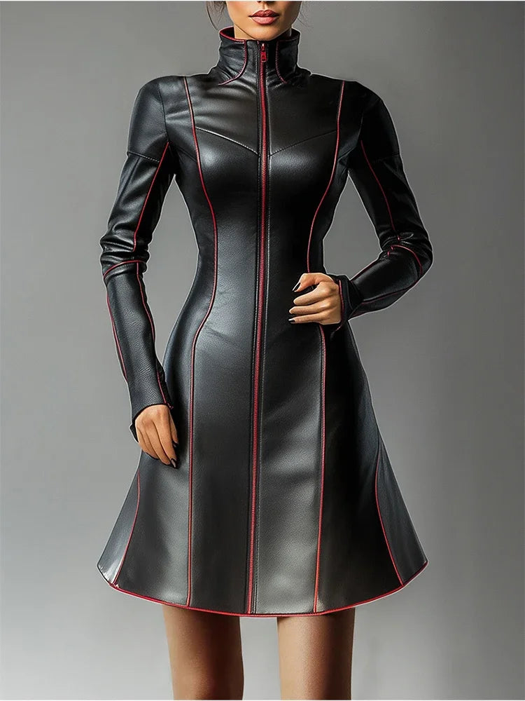 nouveauté automne 2025 robe en cuir manche longue vintage