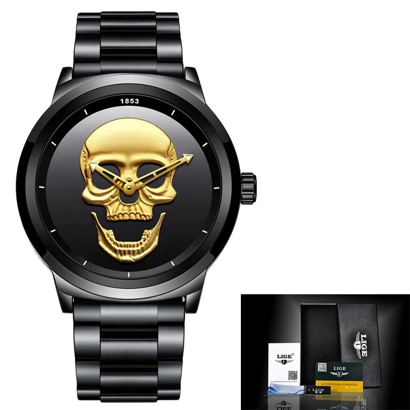 Montre LIGE acier noir, cadran tête de mort dorée