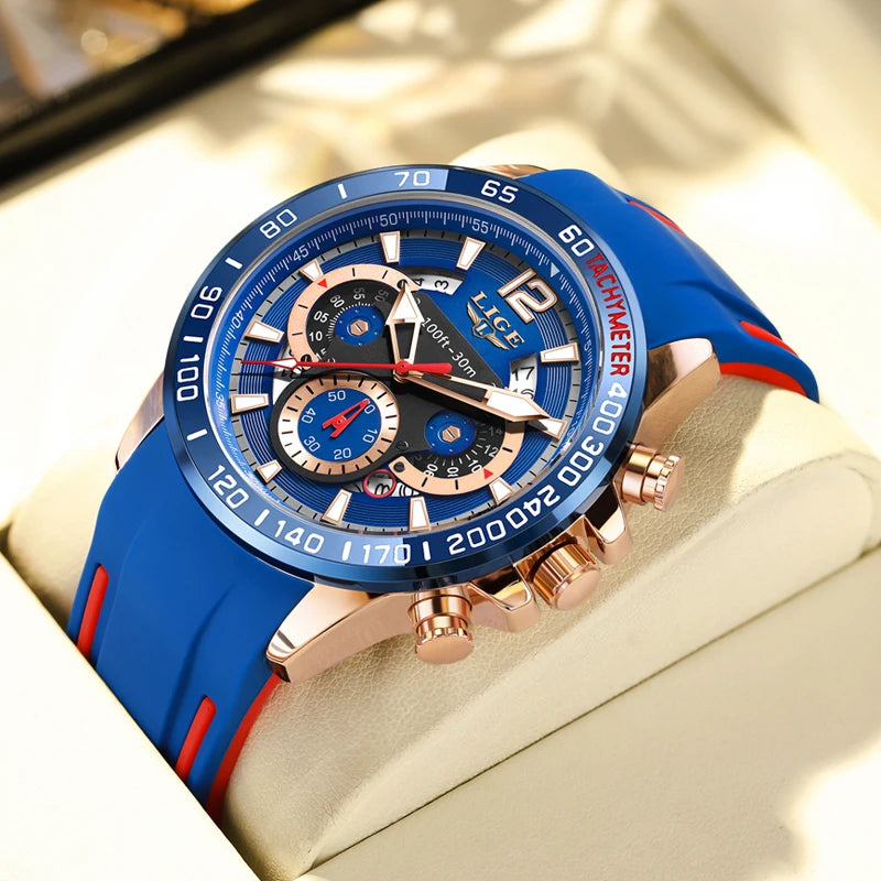Montre sport homme LIGE étanche: cadran bleu, bracelet silicone rouge, boîtier doré