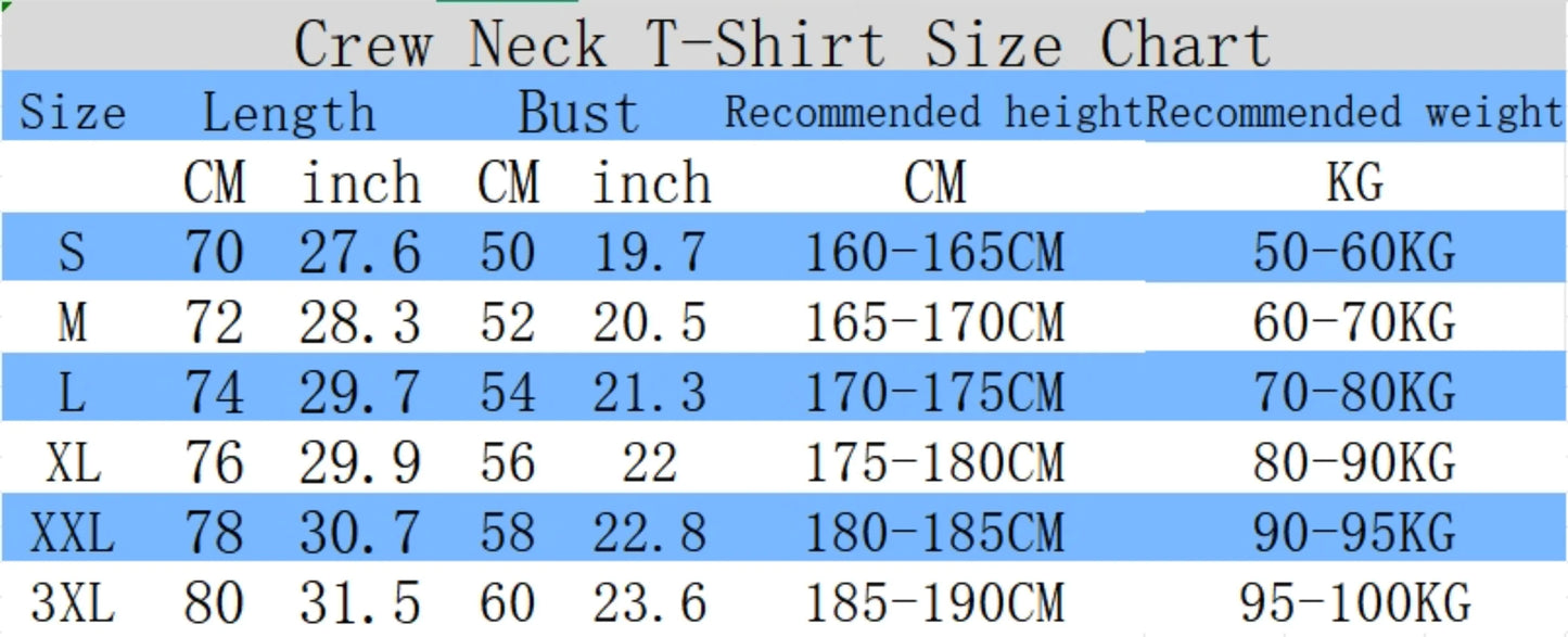 Tableau des tailles de t-shirt : S à 3XL, longueur et buste en cm.