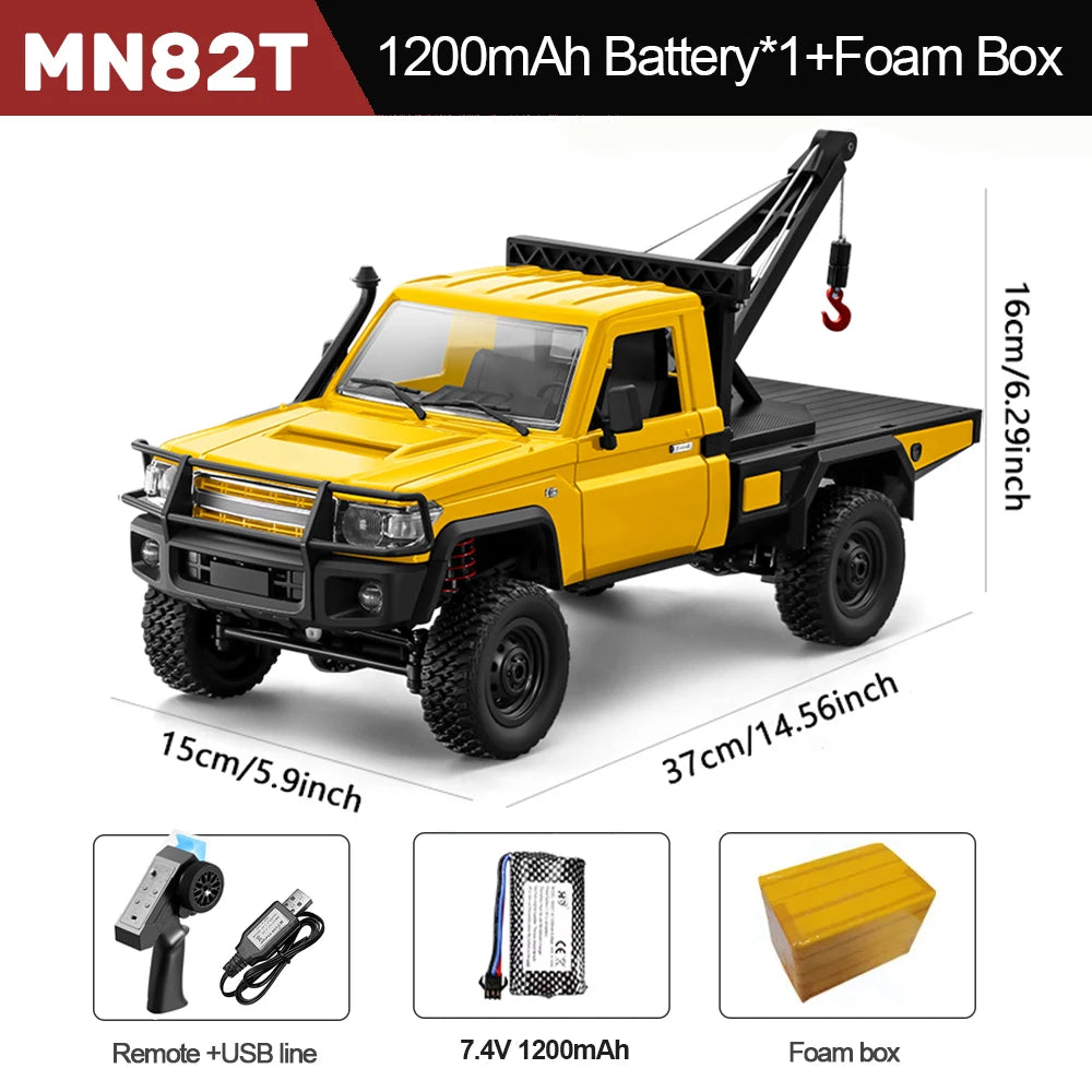 Camion RC tout-terrain jaune 1/12 avec grue, plateau et pneus à crampons
