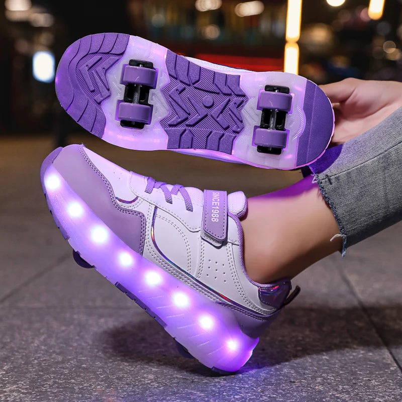 Baskets enfant blanches et violettes à roues LED lumineuses, semelle violette