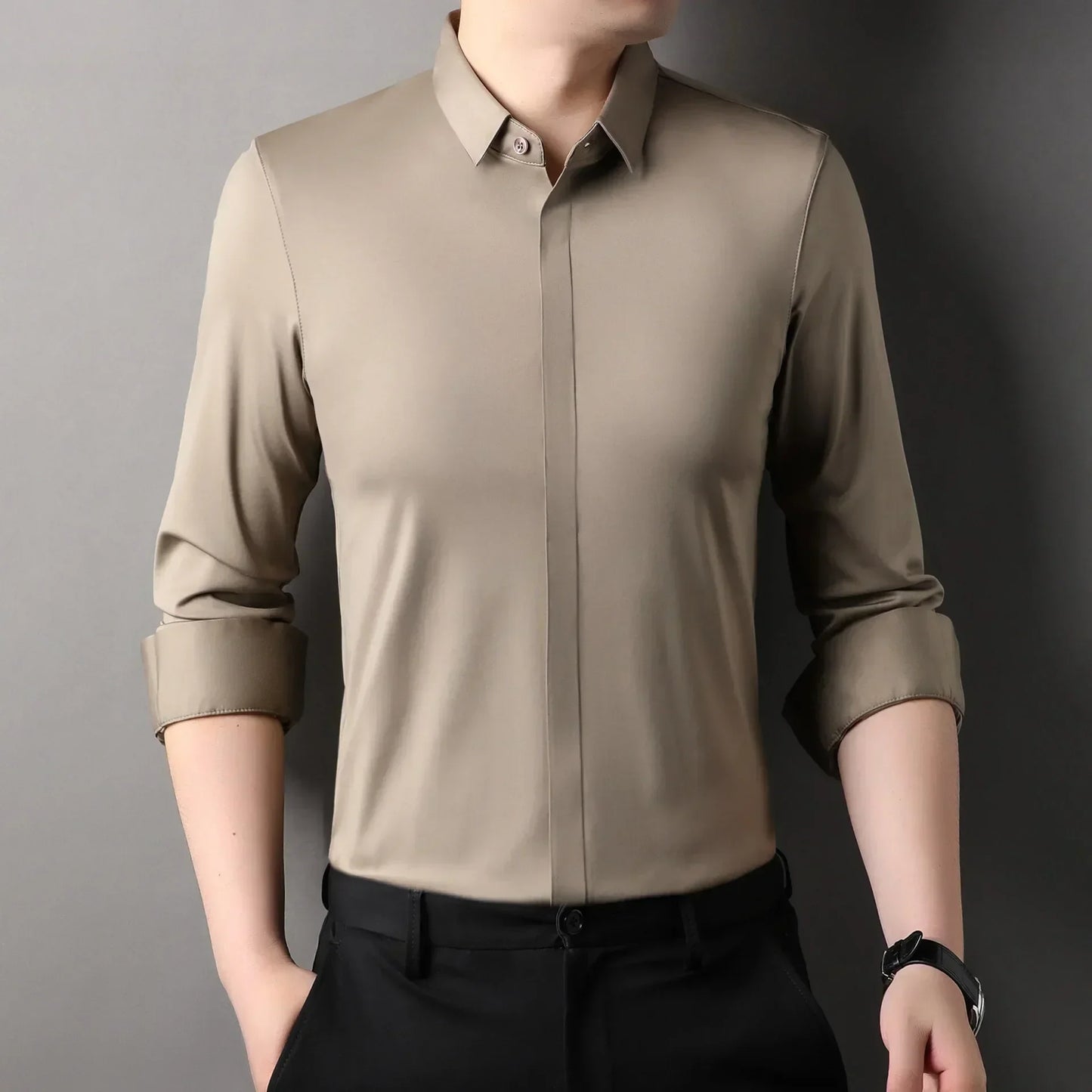 chemise hommes décontracté en soie polyester slim