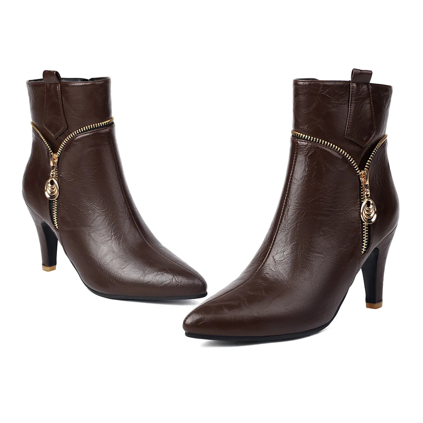 Bottine femme brune à talon stiletto, zip latéral doré