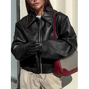Veste Courte Faux Cuir Femme - Blouson Bomber à Fermeture Éclair