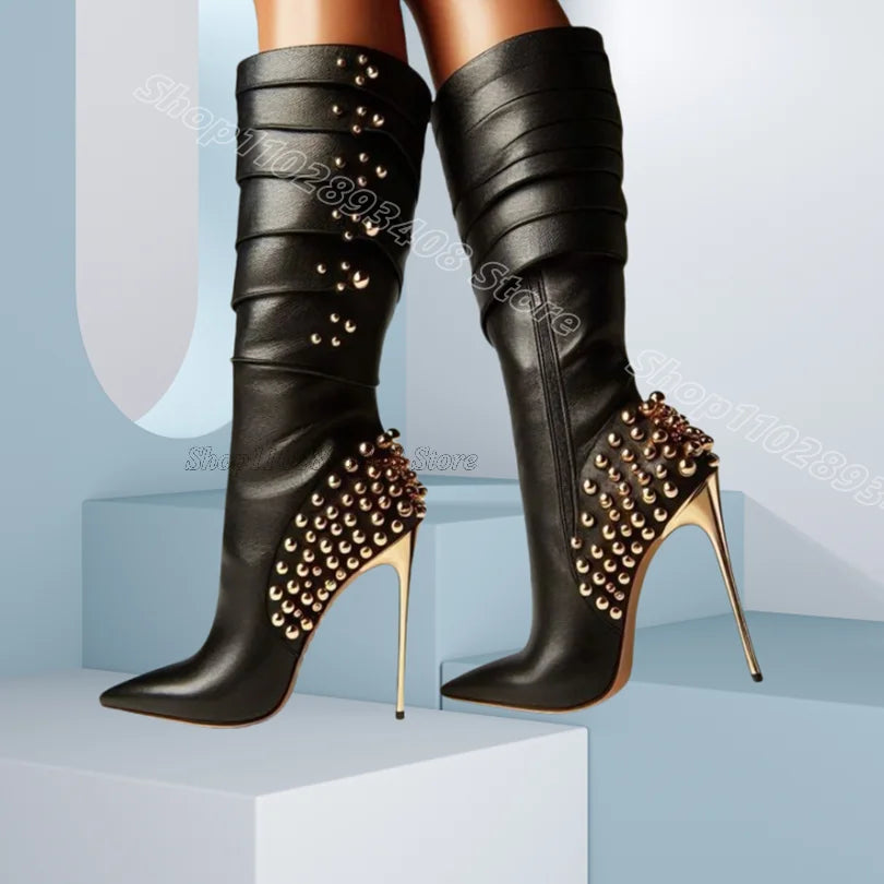 Bottes Femme Genou Stiletto Rivets Bout Pointu Style Britannique - MONASTORESHOP.COM