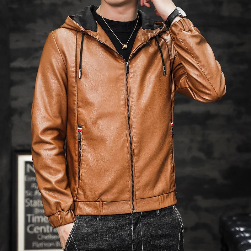 Blouson Homme Cuir PU Automne - Veste Motard Noir Uni | MONASTORESHOP.COM