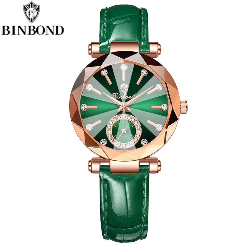 Montre femme à cadran vert océan, bracelet cuir effet croco, boîtier rose doré