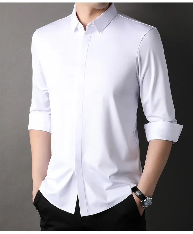 chemise hommes décontracté en soie polyester slim