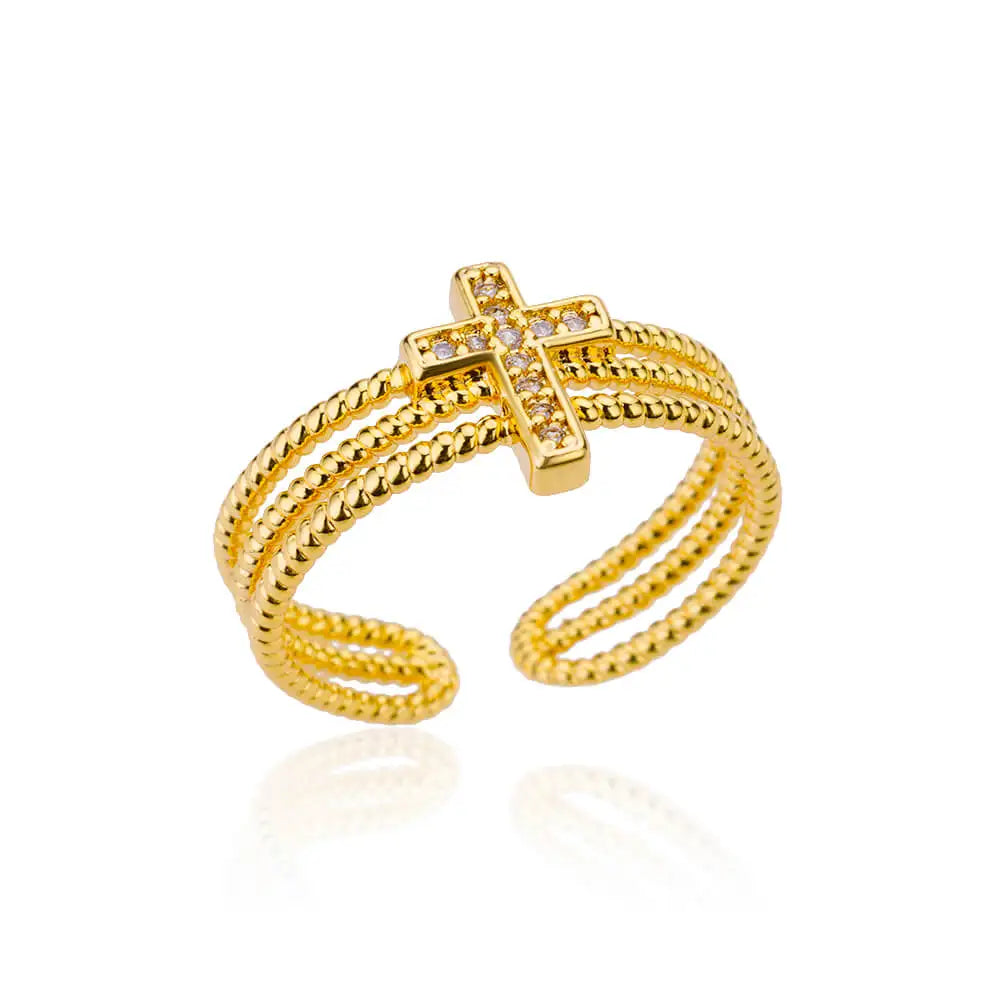 Bague croisée à zircon, croix pavée sur anneaux torsadés dorés, vue de profil