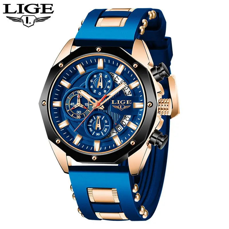 Montre sport LIGE bracelet bleu, cadran bleu et boîtier doré rose, chronographe étanche