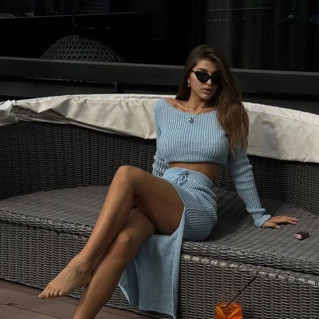 nouveauté automne/hiver jupe fendu et haut a manches longues pour femmes